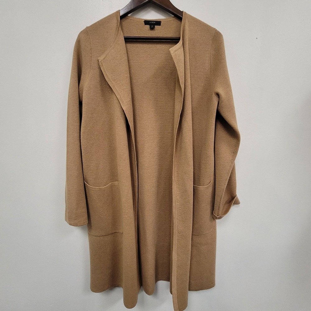 J Crew Womens Juliette Collarless Sweater Blazer Size S Long Tan Pockets Merino